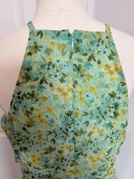 Floral Halter Midi Dress Green Yellow Tiered Feminine Spring Dress - Picture 5 of 6